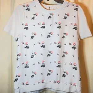 Ganni Rose Print Colour Block Short Sleeve Blouse Size Small Stretch